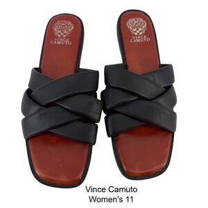 Vince Camuto Women Black Leather Crisscross Braided Square Toe Slide Sandals 11M